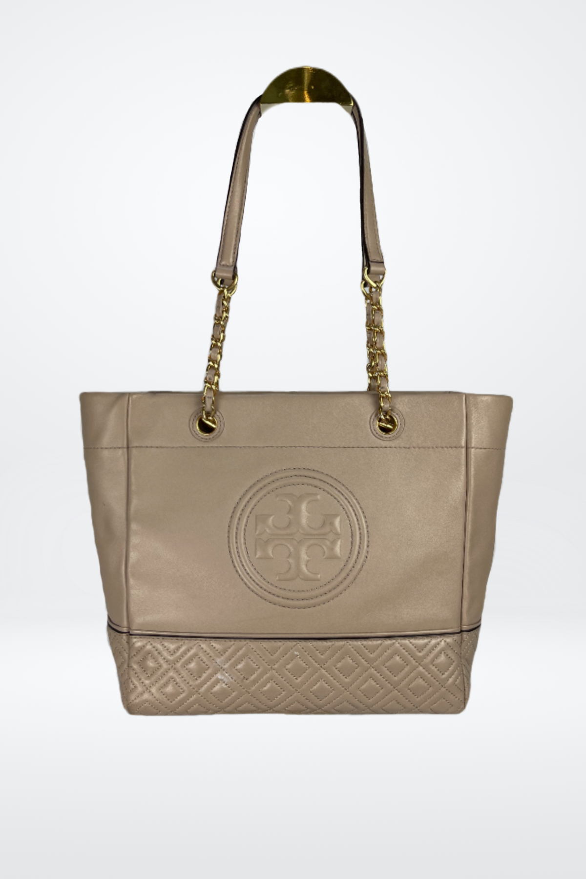 Tory Burch "Ella Chain Tote" Large Leather Tote w Chain Strap & Quilted Logo