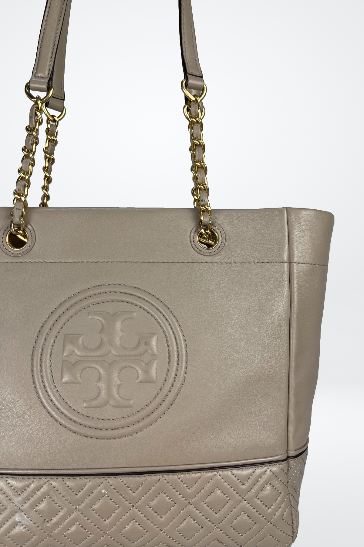 Tory Burch "Ella Chain Tote" Large Leather Tote w Chain Strap & Quilted Logo