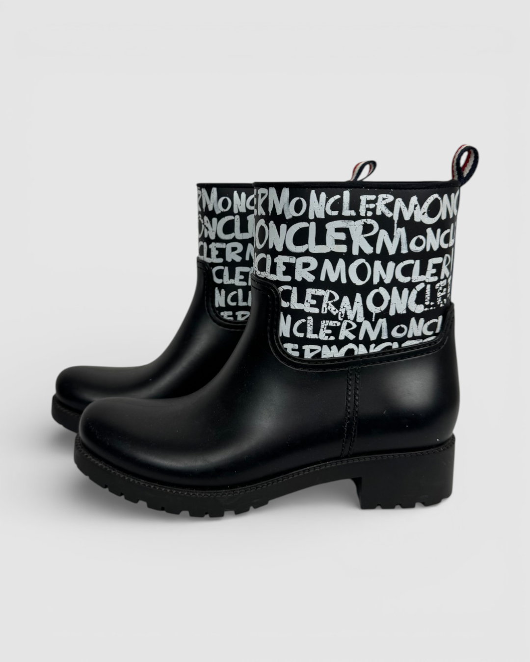 Moncler Black Rubber w White Graphic Mid-Calf Rain Boots
