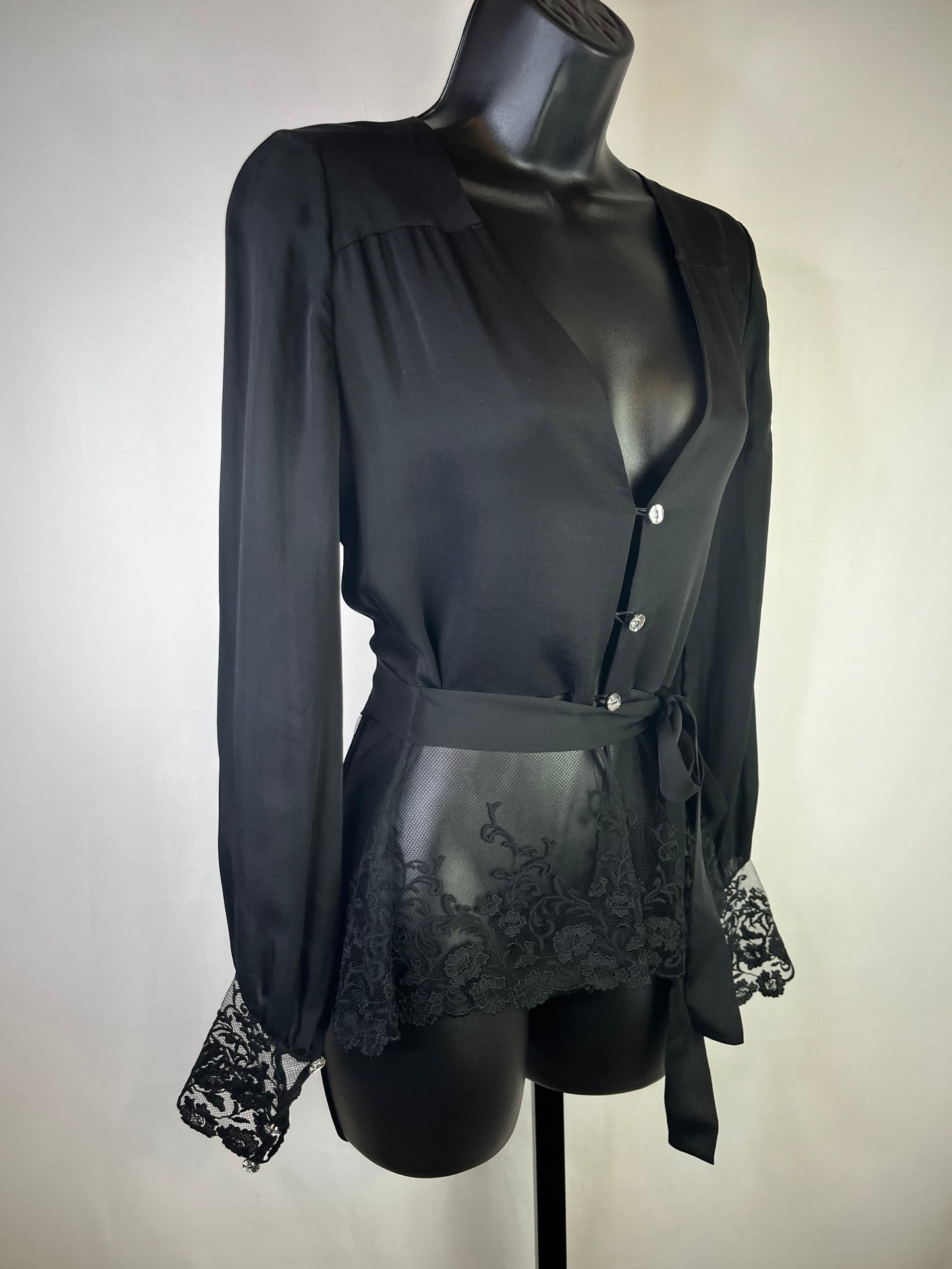 Andres Sarda Silk Black Lace Trim Crystal Button Long Sleeve Blouse w Waist Tie