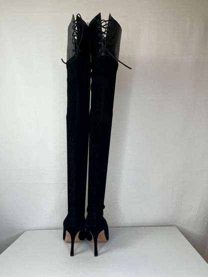 Manolo Blahnik Black Suede Pointed Toe Over the Knee Boots