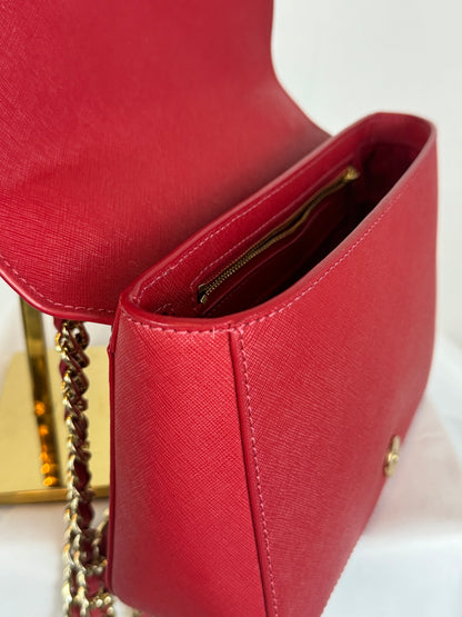 Tory Burch Red Robinson Convertible Square Flap Bag w Gold Chain Bag
