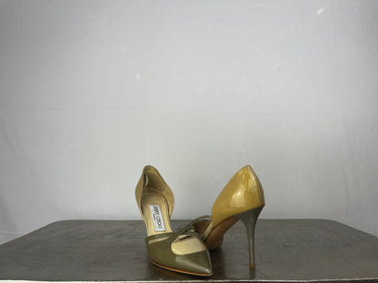Jimmy Choo Sage Green & Beige Yellow Colorblock Pointed Toe Cross Strap Pumps