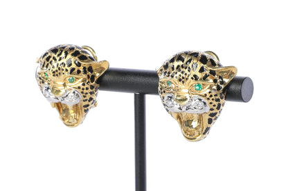 18K Yellow Gold Leopard Head Earrings with Pave Diamond Accents & Emerald Eyes