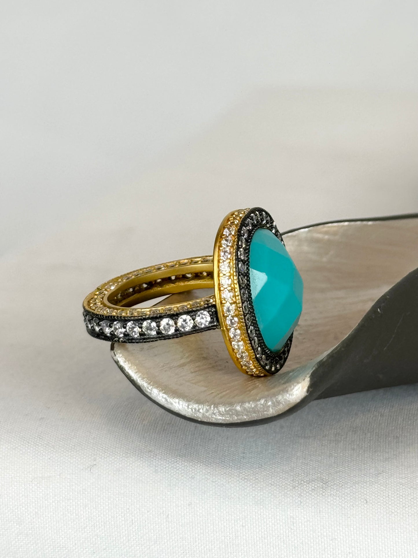 Freida Rothman Oval Aqua Diamond & Gold Ring