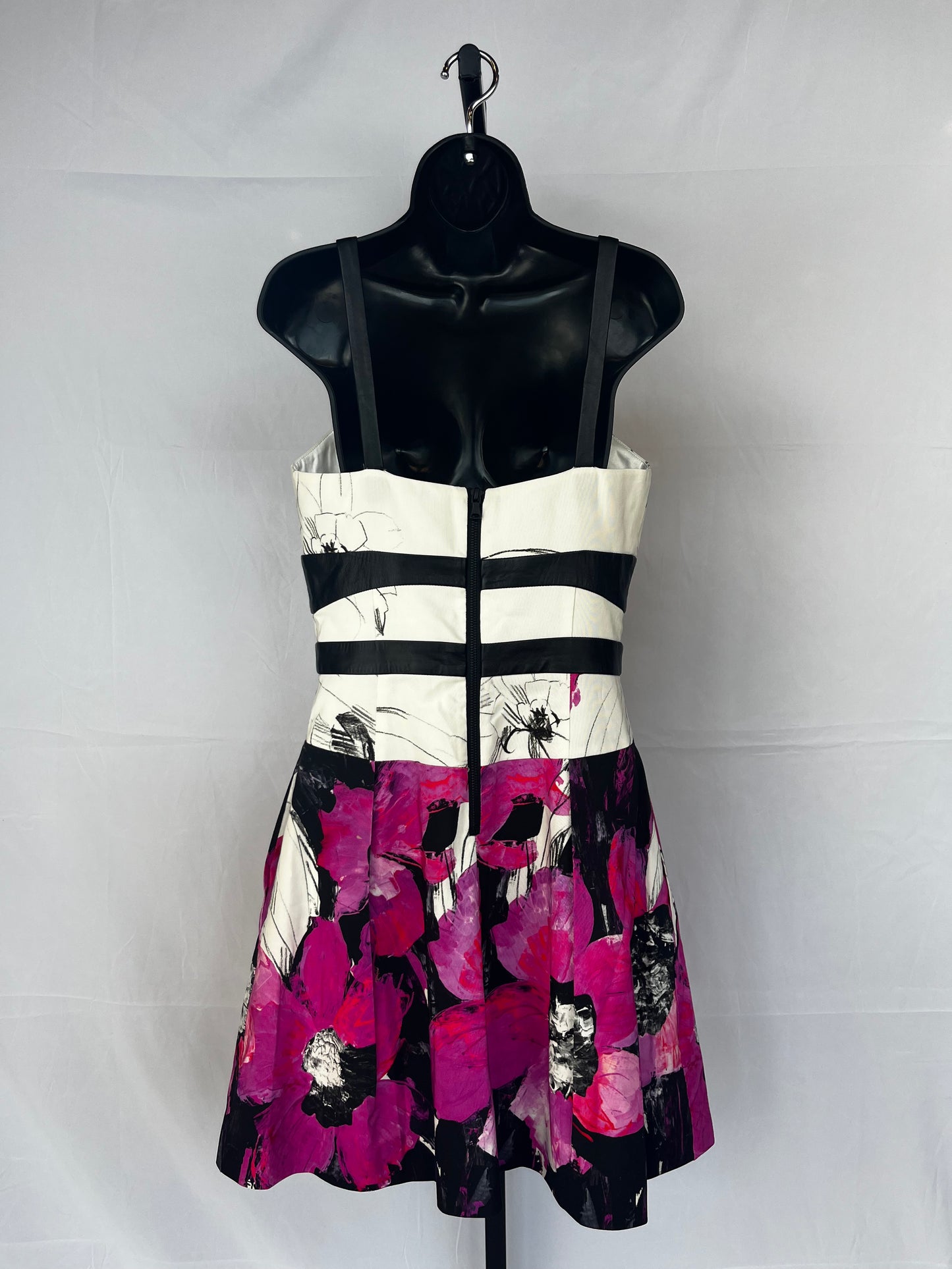 Milly White Pink & Black Floral Sleeveless Pleated Knee-Length Dress w Leather Stripe Detail
