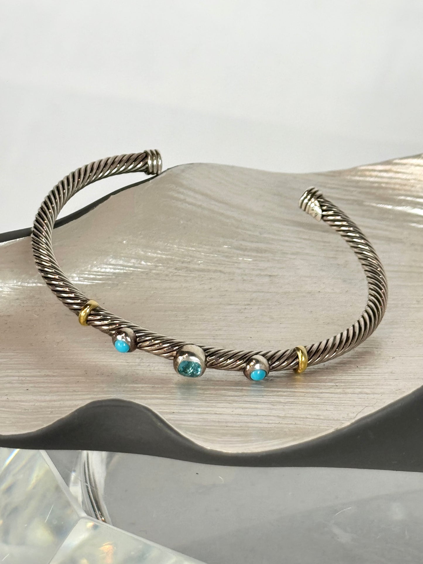 David Yurman Renaissance Blue Topaz Sterling Silver Cable Bracelet w/ 18K Gold Accents