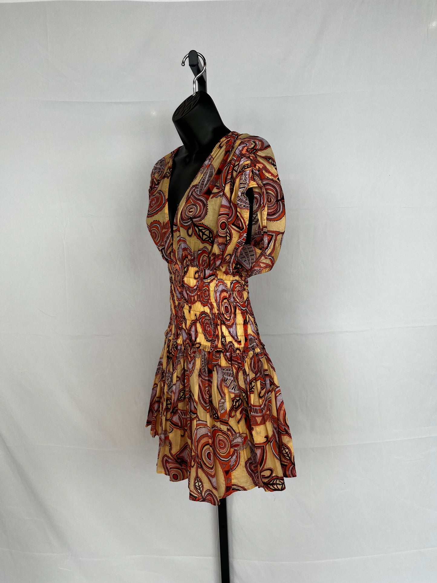 ALC Yellow & Orange Paisley Ruched Cap-Sleeve Smocked Mini Dress