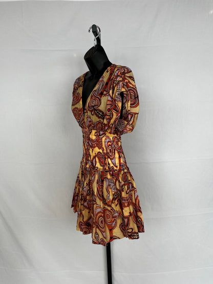 ALC Yellow & Orange Paisley Ruched Cap-Sleeve Smocked Mini Dress