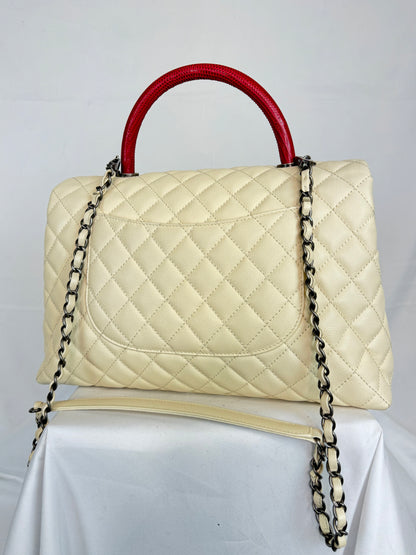 COMES WITH BOX - Chanel Cream Calfskin w/ Red Lizard Handle Coco Handle Flapbag Ruthenium