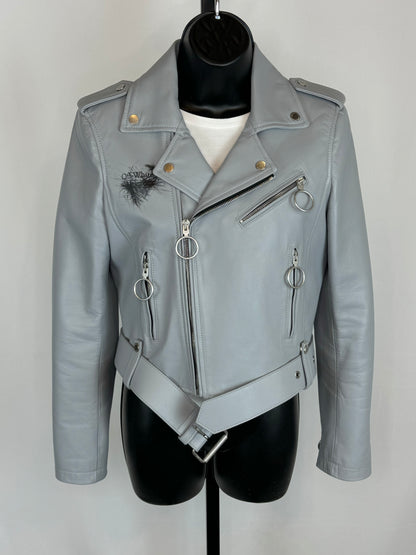 Off-White Leather Grey-Blue Moto jacket w Silver Hardware