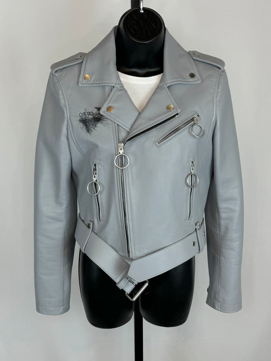 Off-White Leather Grey-Blue Moto jacket w Silver Hardware