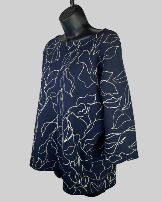 Lafayette 148 Navy White Floral Silver Beading 3/4 Sleeve Sweater