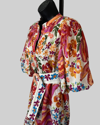 Farm Rio White Multicolor Floral 1/2 Puff Sleeve Ruffle Button Up Mini Dress w Belt