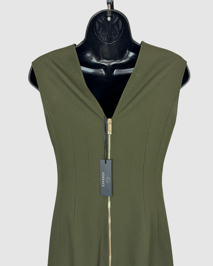 Versace Army Green Sleeveless High Neck Mini Dress w/ Striped Belt