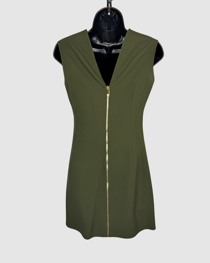 Versace Army Green Sleeveless High Neck Mini Dress w/ Striped Belt