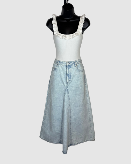 Tibi Denim Light Wash Midi Skirt