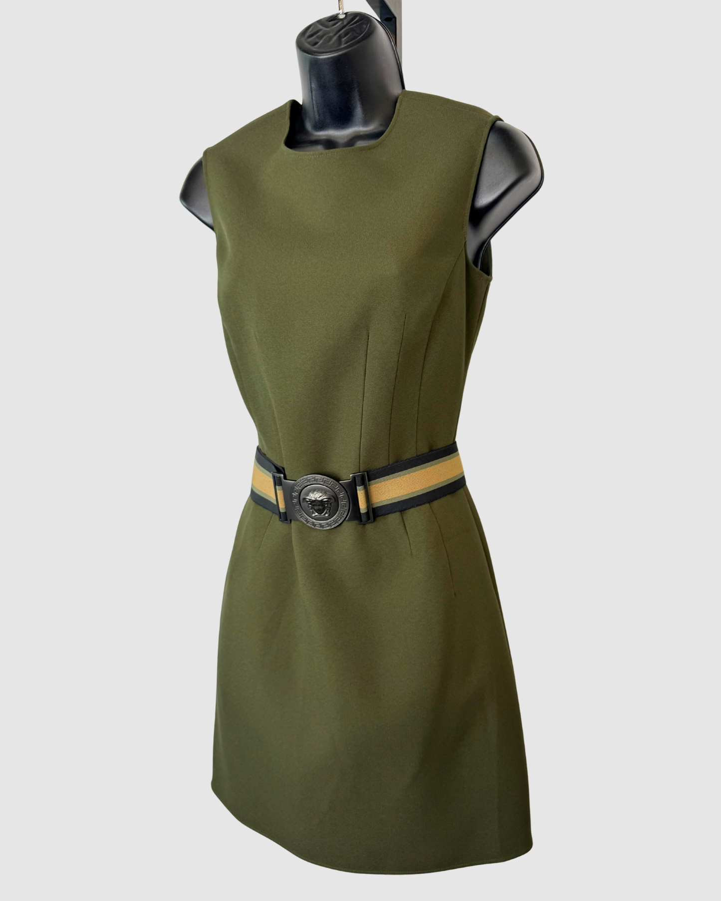 Versace Army Green Sleeveless High Neck Mini Dress w/ Striped Belt
