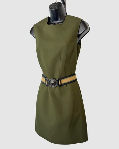 Versace Army Green Sleeveless High Neck Mini Dress w/ Striped Belt
