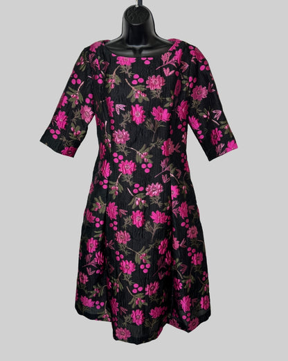 Sara Campbell Black w/ Fuchsia Floral Print 1/2 Sleeve Knee Length Dress NWT