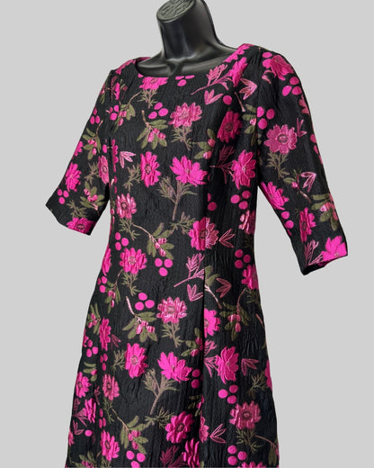 Sara Campbell Black w/ Fuchsia Floral Print 1/2 Sleeve Knee Length Dress NWT