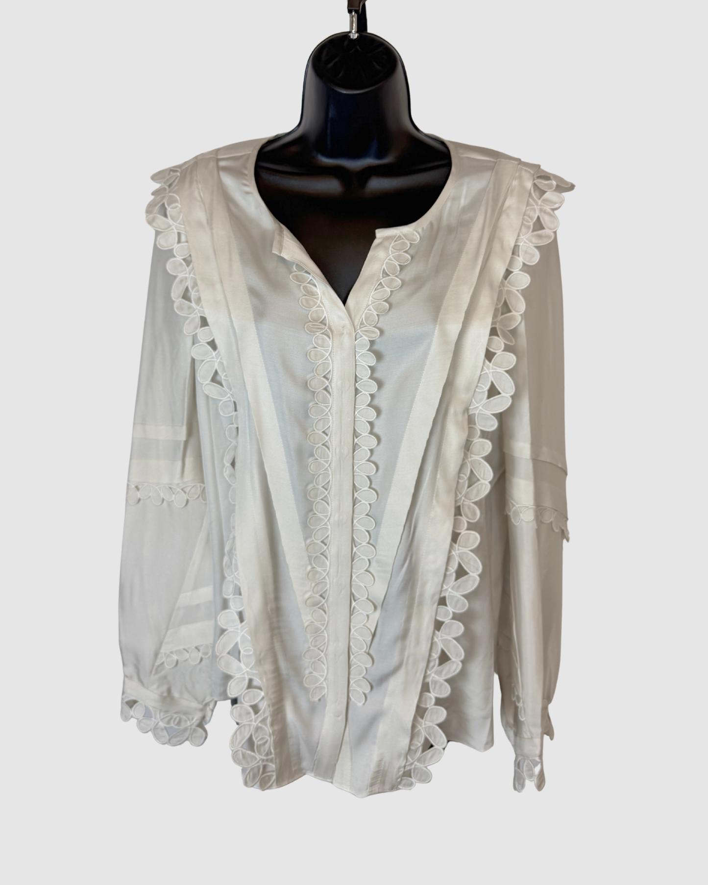 Rebecca Taylor Silk Pearl White Embroidered & Pleat Long Sleeve Button Blouse