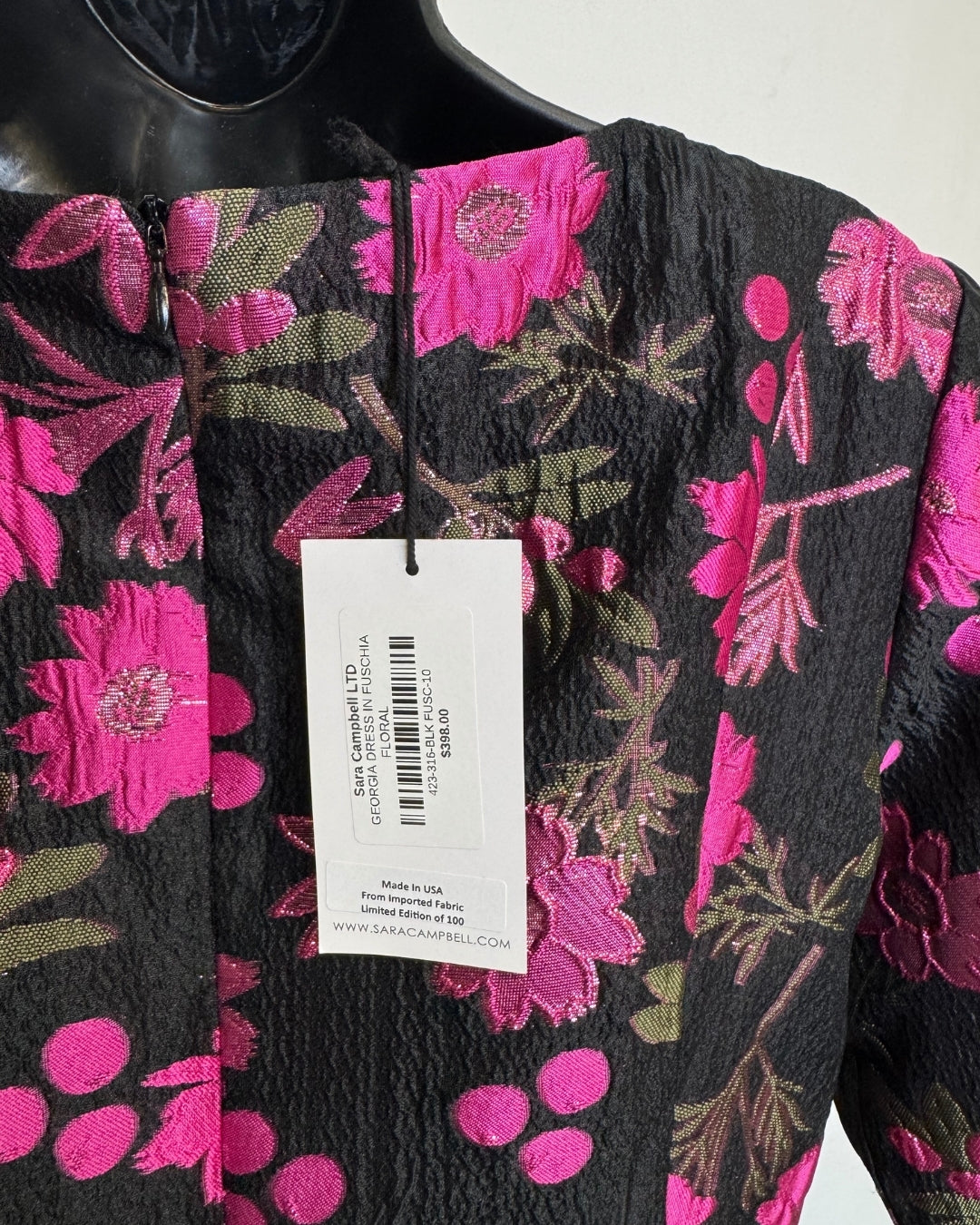 Sara Campbell Black w/ Fuchsia Floral Print 1/2 Sleeve Knee Length Dress NWT