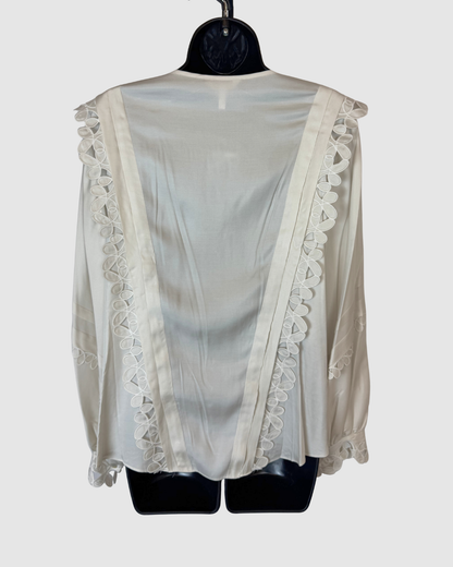 Rebecca Taylor Silk Pearl White Embroidered & Pleat Long Sleeve Button Blouse