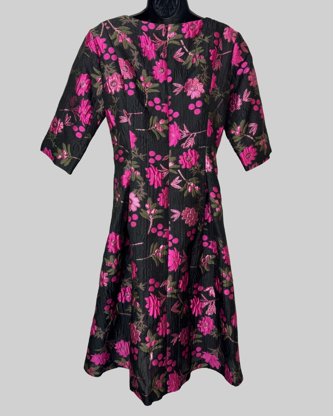 Sara Campbell Black w/ Fuchsia Floral Print 1/2 Sleeve Knee Length Dress NWT