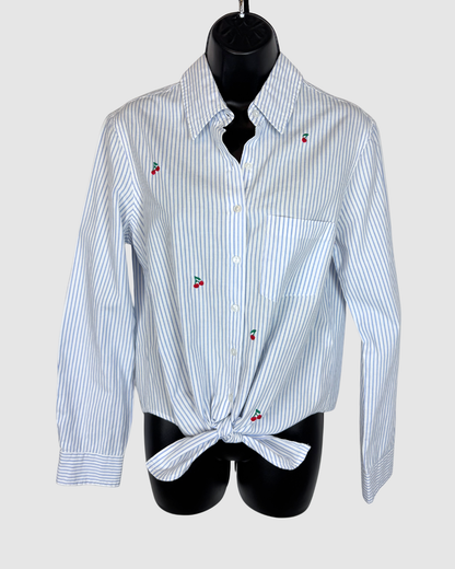 Sundry White & Blue Pinstripe Cherry Print Long Sleeve Button Tie-Front Blouse