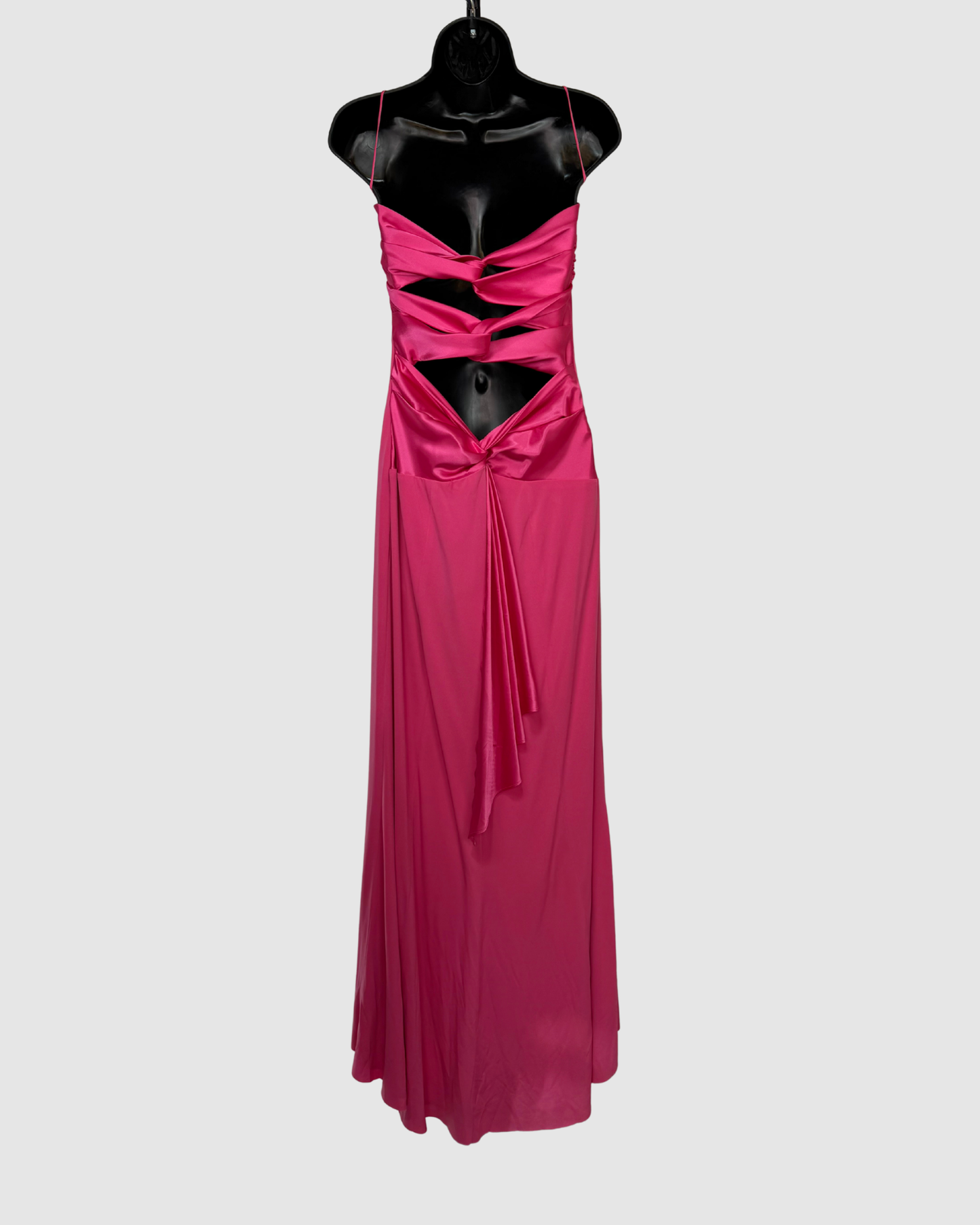 Mary L Couture Satin Hot Pink Sleeveless Ruched Detail Fitted Gown w Ribbon Cutout Back