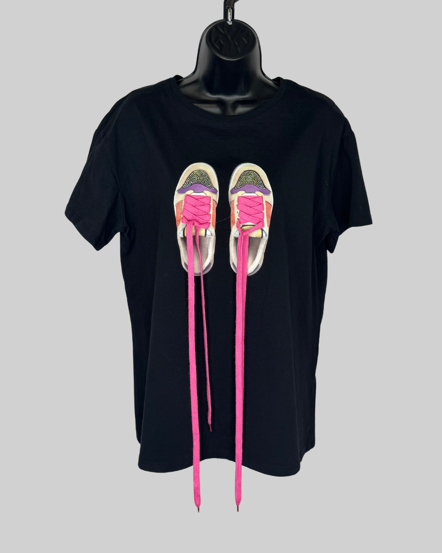 Evis Black Graphic Sneaker Sparkle Pink Lace Up Detail T-Shirt