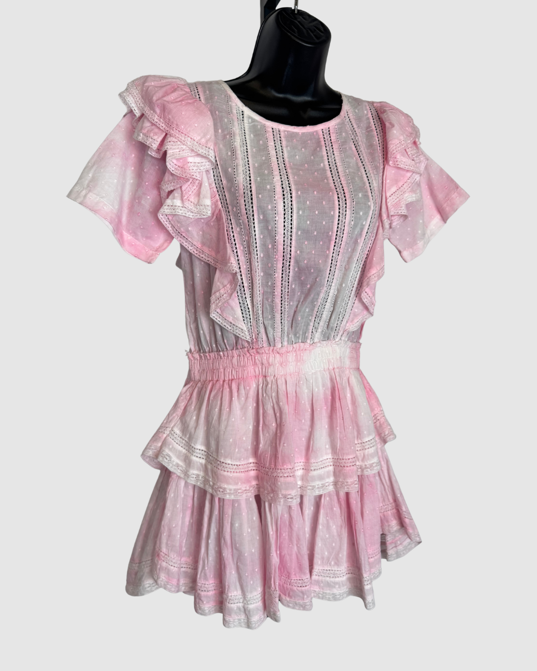 LoveShackFancy Pink White Tie-Dye Ruffle Short Sleeve Mini Dress NWT