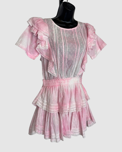 LoveShackFancy Pink White Tie-Dye Ruffle Short Sleeve Mini Dress NWT