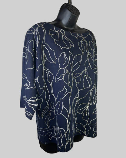 Lafayette 148 Navy White Floral Silver Beading 3/4 Sleeve Sweater