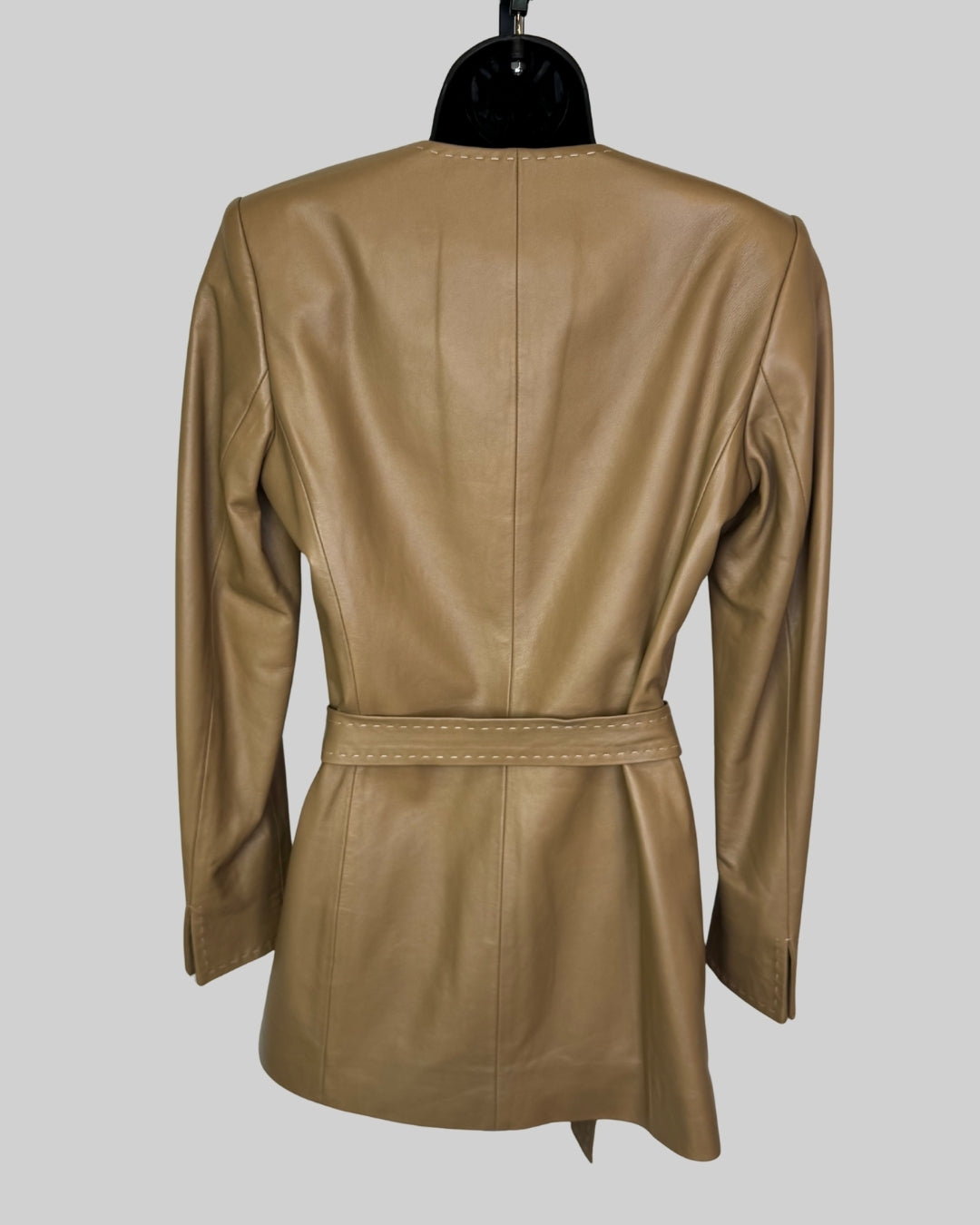Dana Buchman Light Brown Leather Stitching Detail Mid-Length Belted Jacket