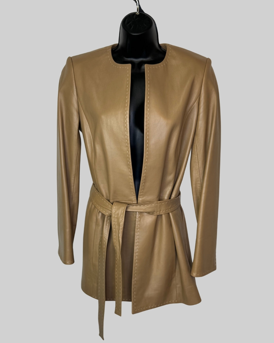 Dana Buchman Light Brown Leather Stitching Detail Mid-Length Belted Jacket