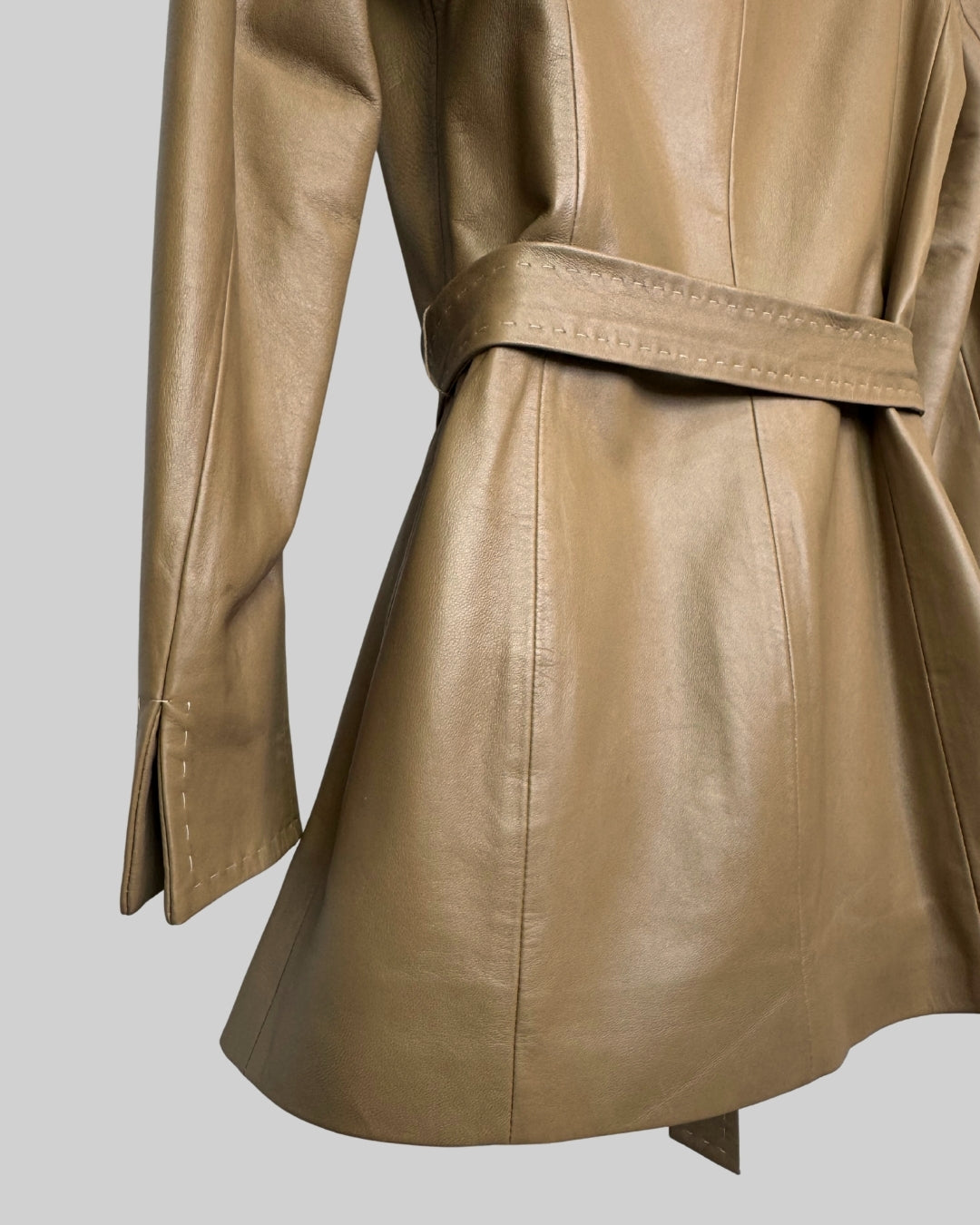 Dana Buchman Light Brown Leather Stitching Detail Mid-Length Belted Jacket