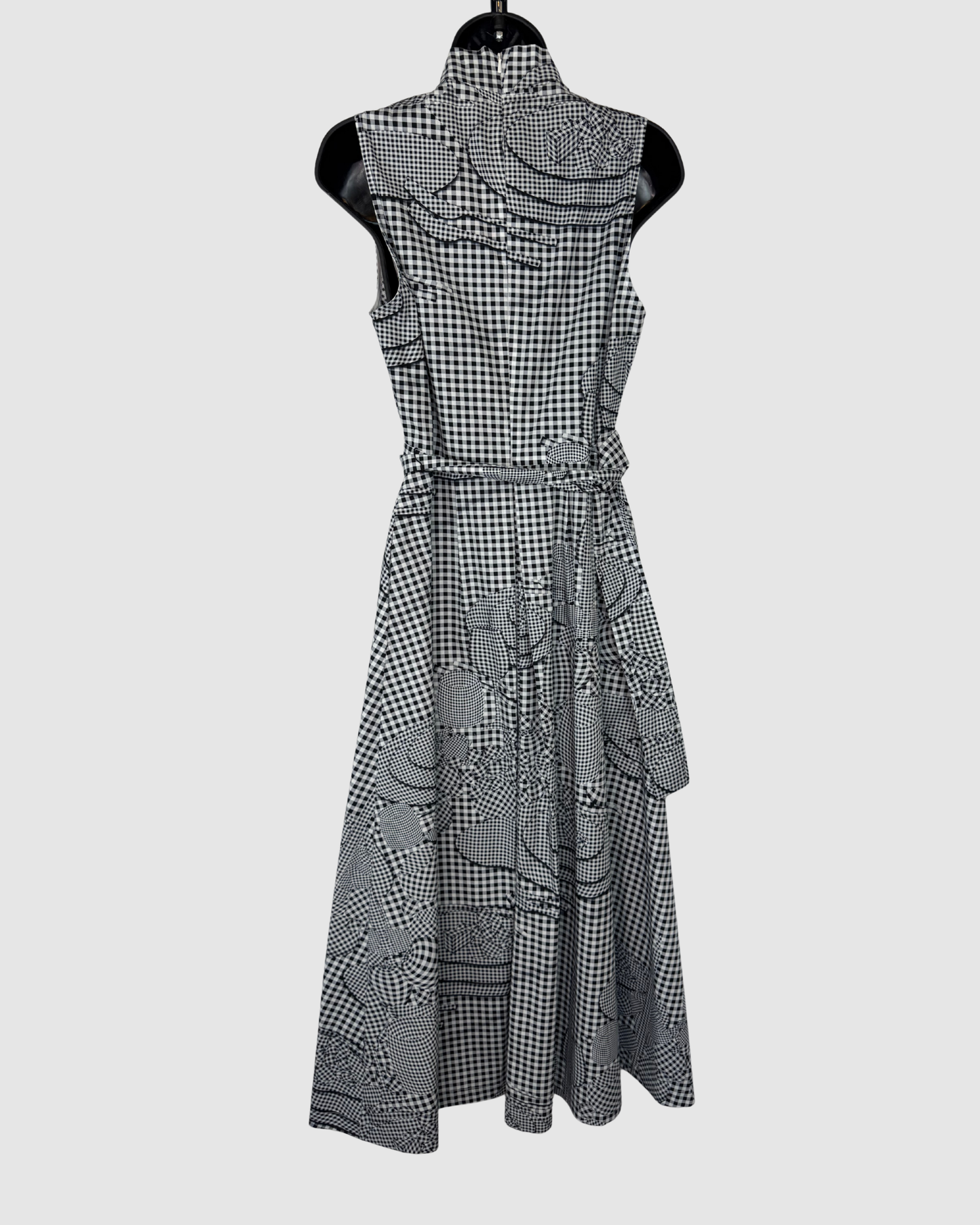 Lela Rose Black & White Plaid Sleeveless Maxi Dress w/ Waist Tie