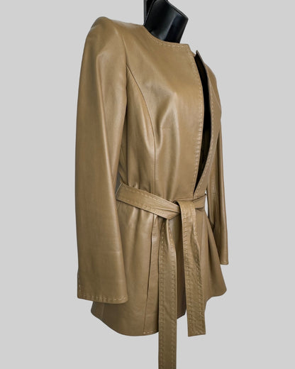 Dana Buchman Light Brown Leather Stitching Detail Mid-Length Belted Jacket
