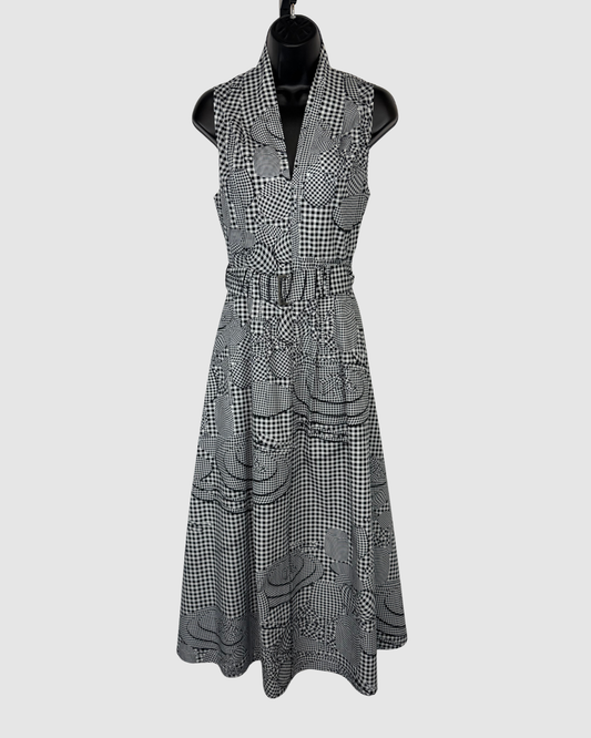 Lela Rose Black & White Plaid Sleeveless Maxi Dress w/ Waist Tie