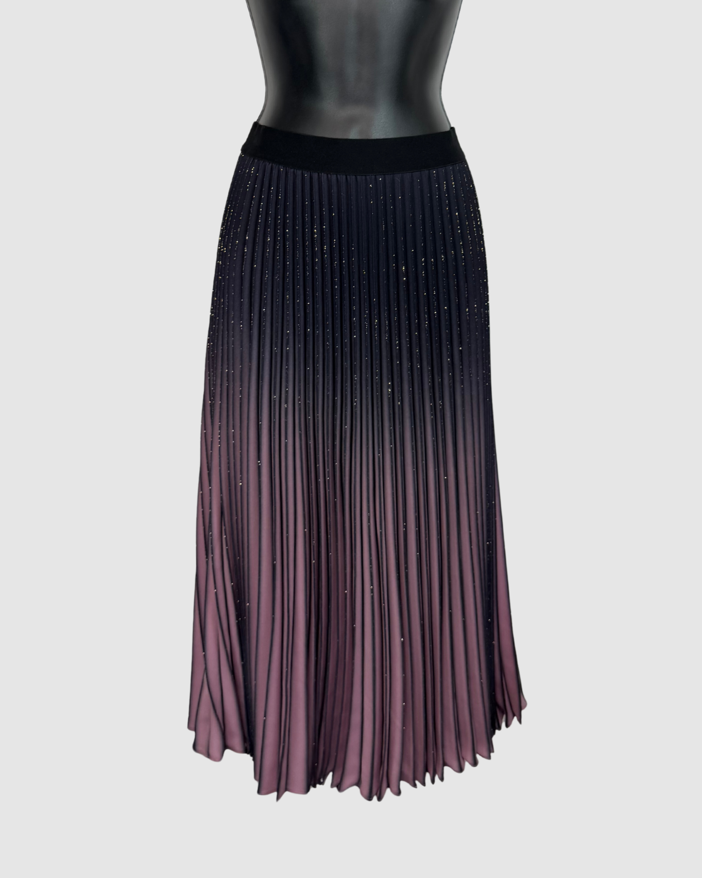 Elie Tahari Black & Purple Ombre Gold Sparkle Pleated Midi Skirt