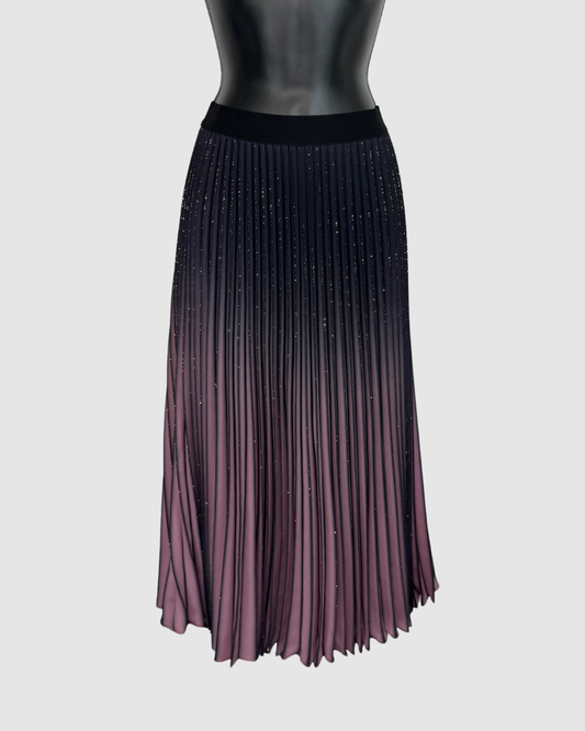 Elie Tahari Black & Purple Ombre Gold Sparkle Pleated Midi Skirt