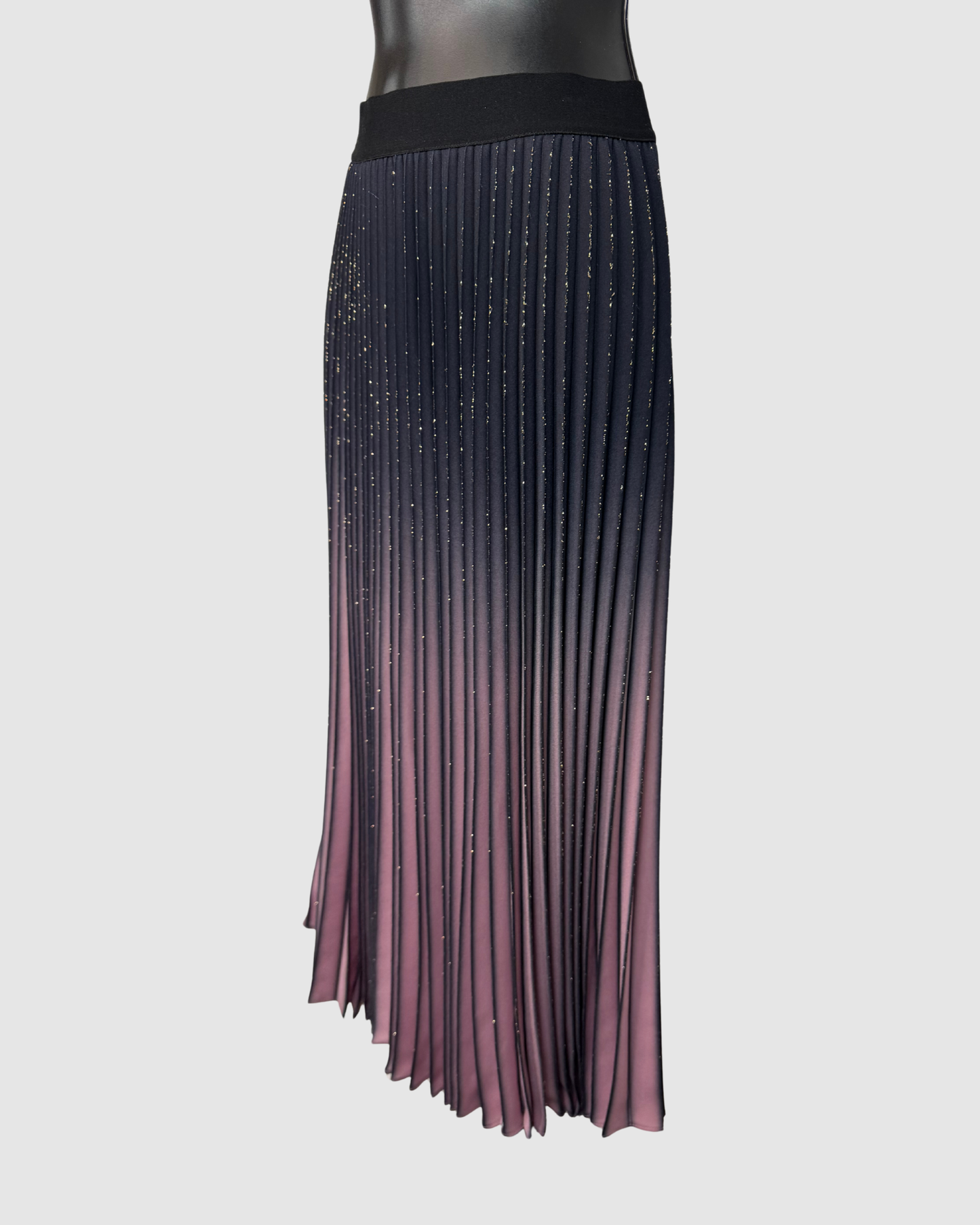 Elie Tahari Black & Purple Ombre Gold Sparkle Pleated Midi Skirt