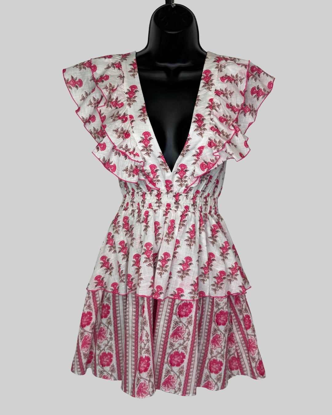 Playa Lucila Pink White Floral Ruffle Sleeveless Mini Dress w Cinched Waist