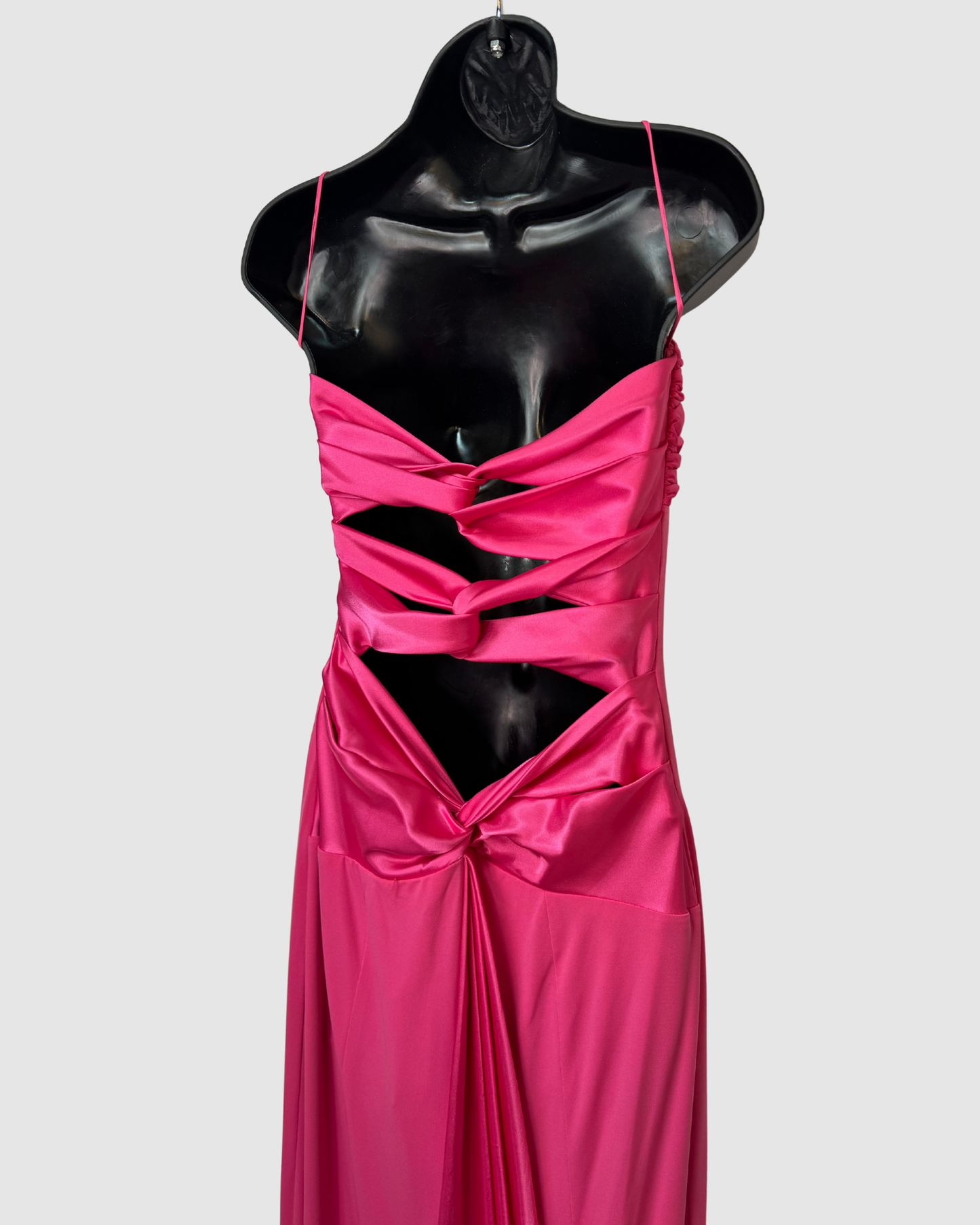 Mary L Couture Satin Hot Pink Sleeveless Ruched Detail Fitted Gown w Ribbon Cutout Back