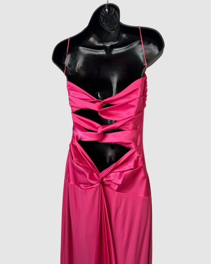 Mary L Couture Satin Hot Pink Sleeveless Ruched Detail Fitted Gown w Ribbon Cutout Back