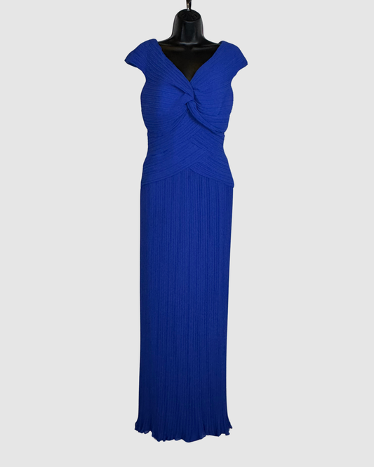 Tadashi Shoji Blue Multi Pleat Twist-Neck Cap-Sleeve Gown