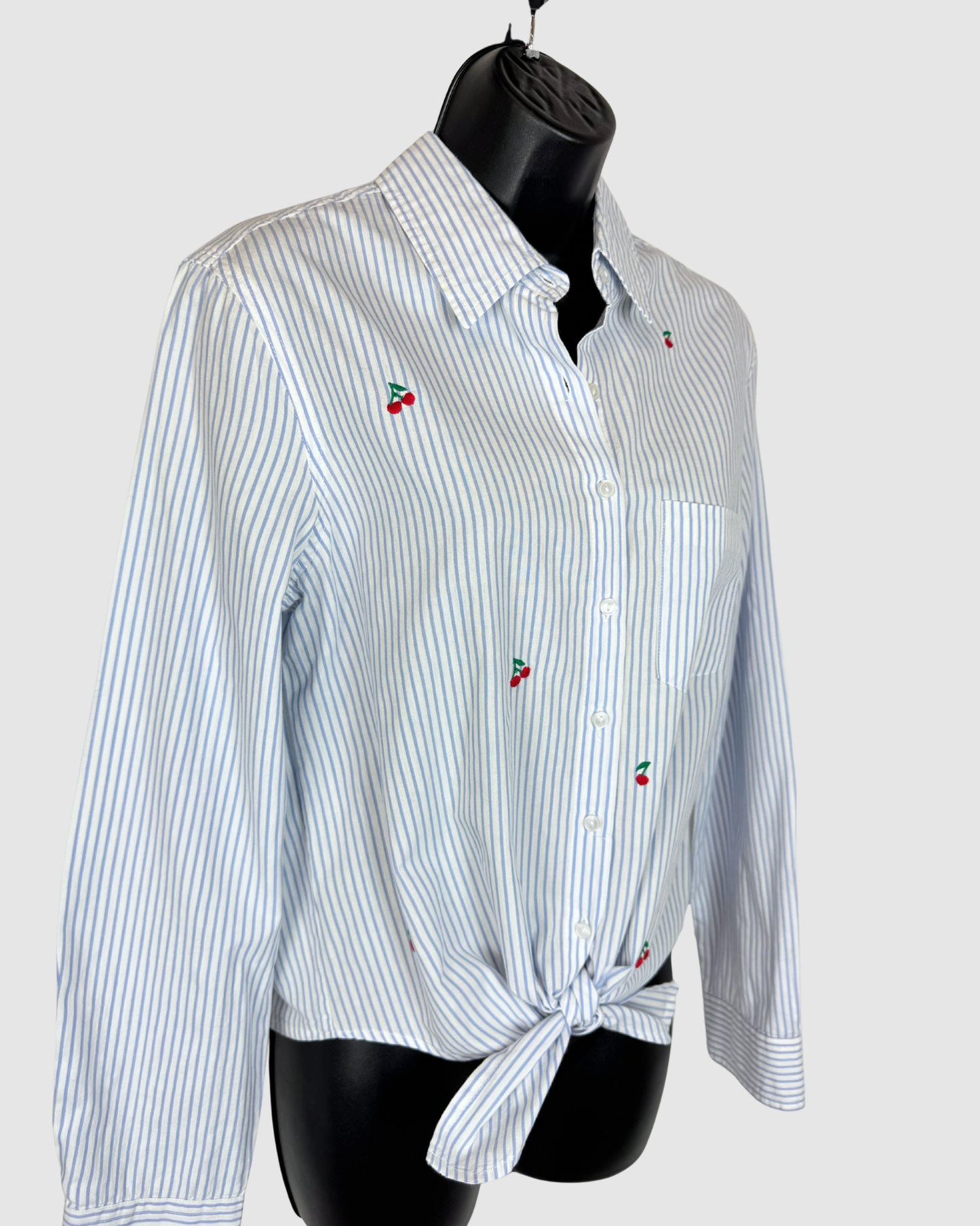 Sundry White & Blue Pinstripe Cherry Print Long Sleeve Button Tie-Front Blouse