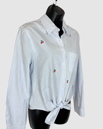 Sundry White & Blue Pinstripe Cherry Print Long Sleeve Button Tie-Front Blouse